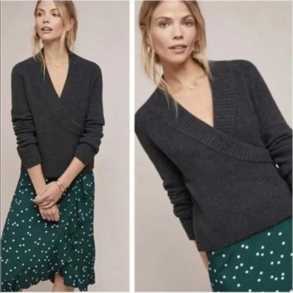 Anthropologie XS Faux Wrap Soft Alpaca Wool Surplice VNeck Collar Grey Sweater